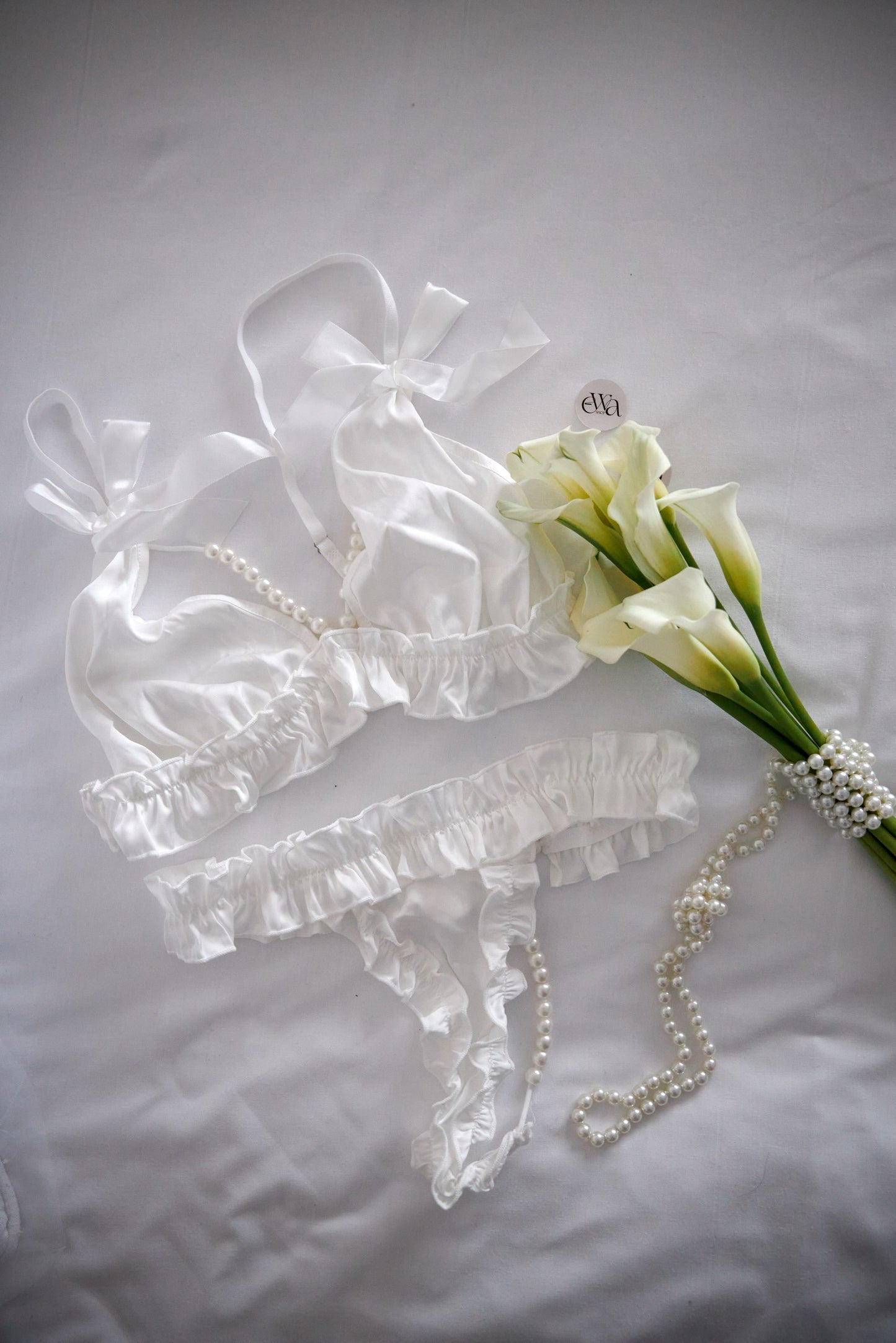 Conjunto de satén con perlas y ropa Interior para novia - blanco, Talla S